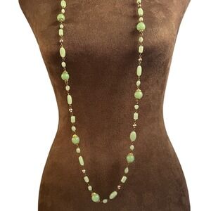 Vintage Faux Jade Green Glass Beaded Long Flapper Necklace 46 Inch Cottagecore